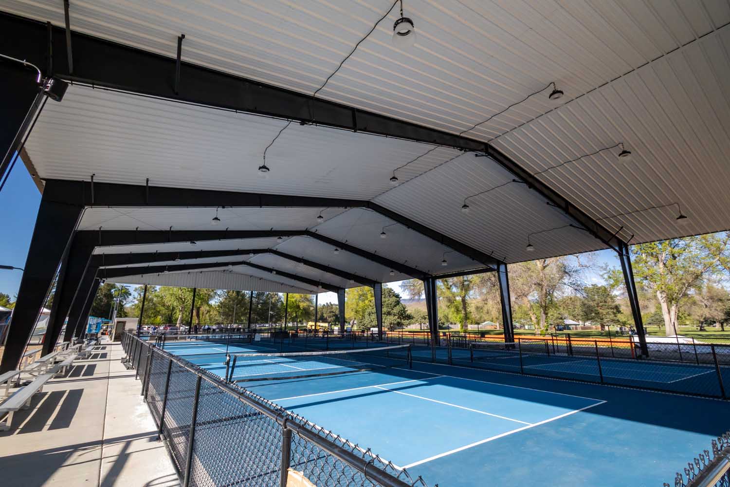 Boise River Club Pickleball courts in Idaho covered by Great Western Buildings steel building kit