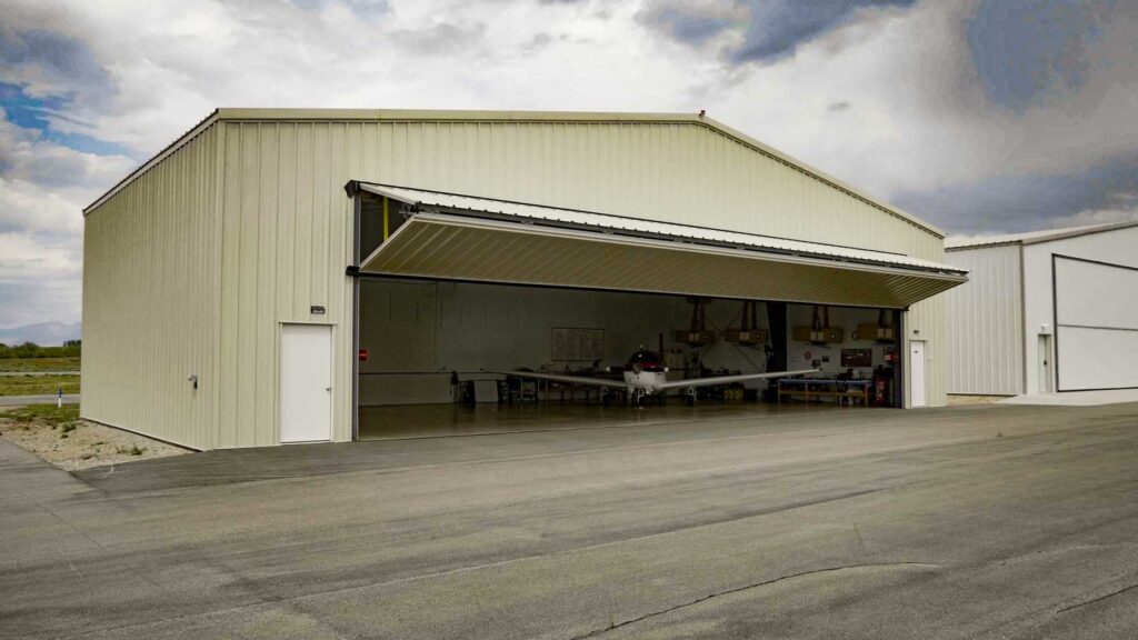 Great Western Buildings Hangar Granby Colorad front bifold door open