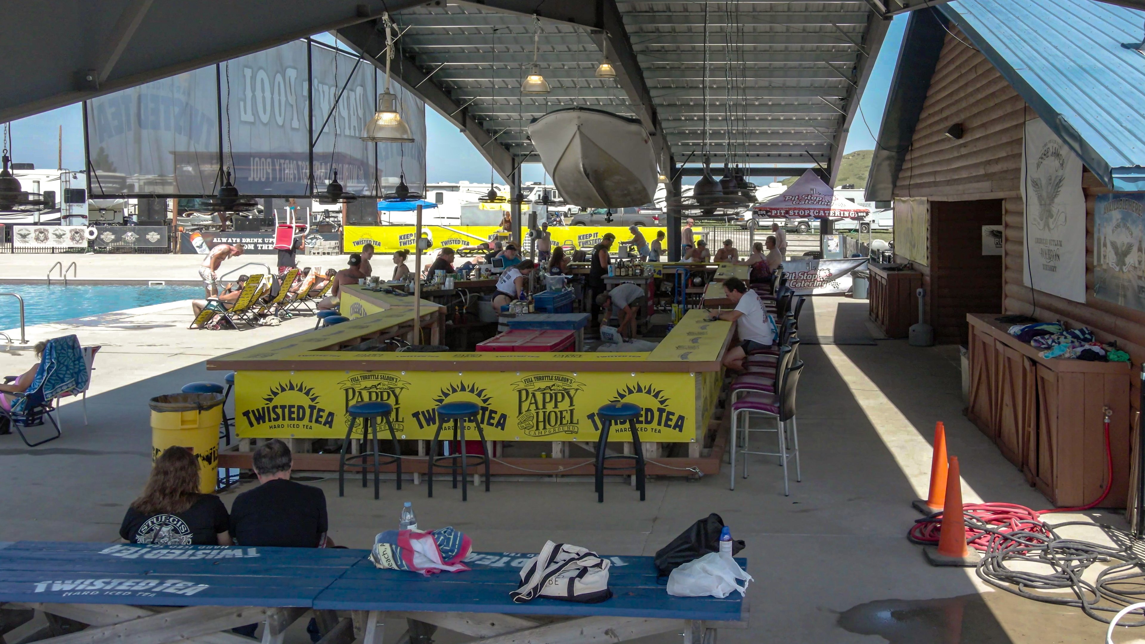 Pappy Hoel campground world's largest party pool for Sturgis Motorcycle Rally interior with boat hanging from the rafters