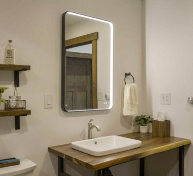 Great Western Buildings Steel Barndominium in Colorado bathroom mirror and sink