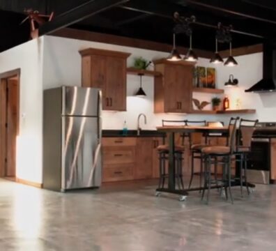 Great Western Buildings Steel Barndominium in Colorado wide angle view of interior kitchen