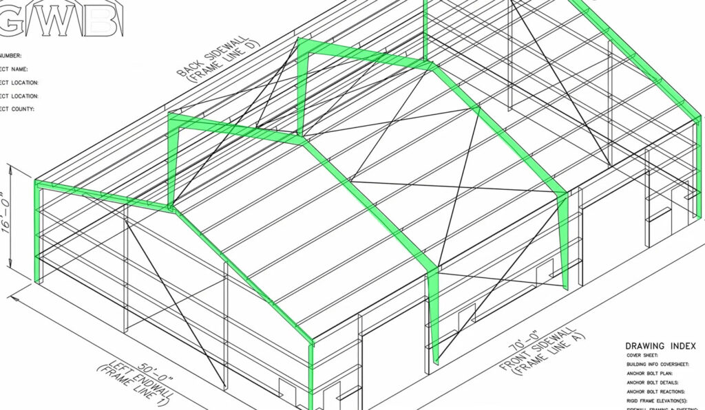 Great Western Buildings steel building plan with primary frame highlighted