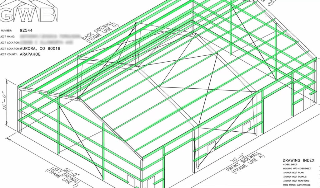 Great Western Buildings steel building plan with secondary frame highlighted